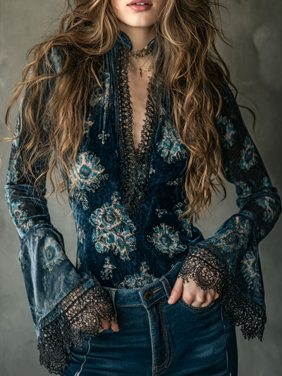 Retro Blue Floral Velvet Lace Blouse with Bell Sleeves