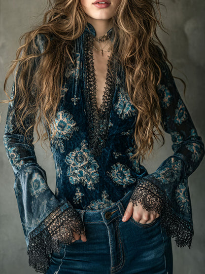 Retro Blue Floral Velvet Lace Blouse with Bell Sleeves