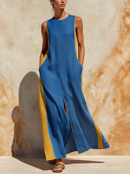 Blue and Yellow Colorblock Sleeveless Maxi Dress