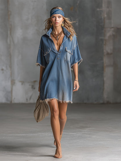 Stylish and Casual Frayed-Edge Blue Denim Short-Sleeved Mini Dress