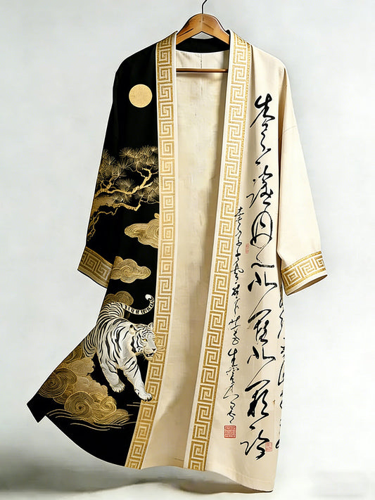 Men's Japanese Retro Calligraphy Tiger Art Flowing Kimono