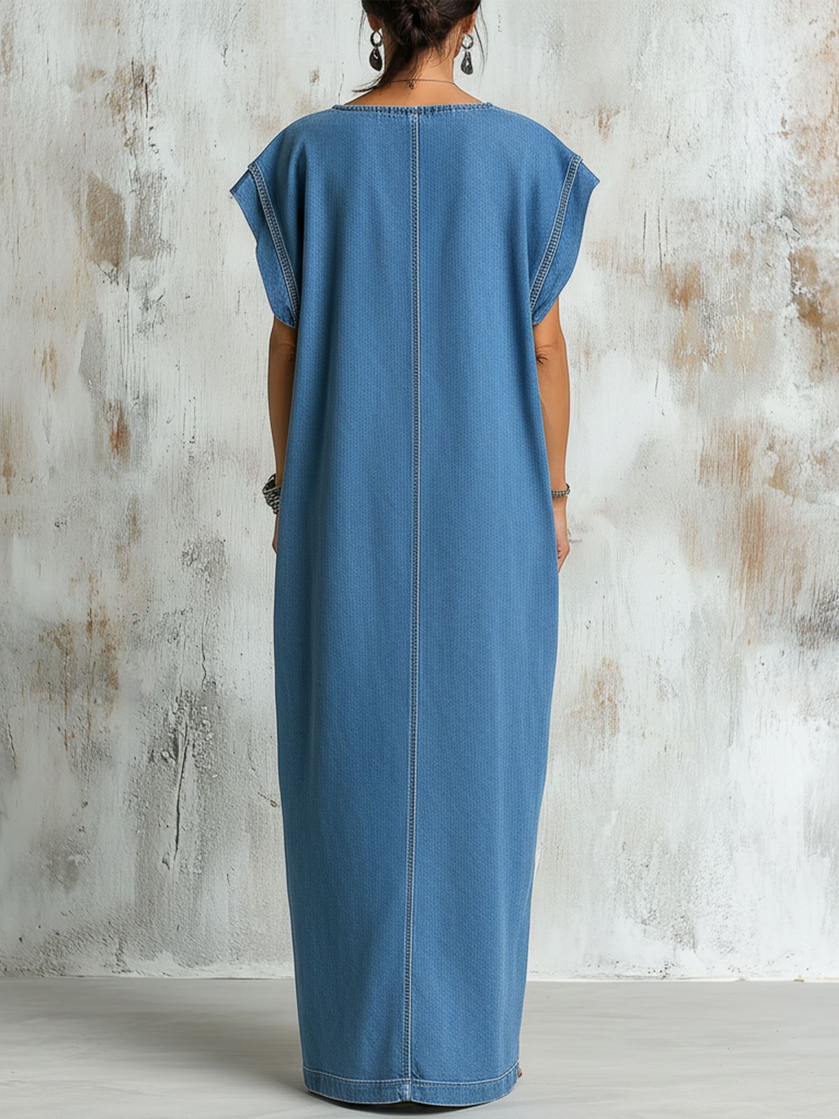 Loose Fit Blue Denim Maxi Dress with Contrast Stitching