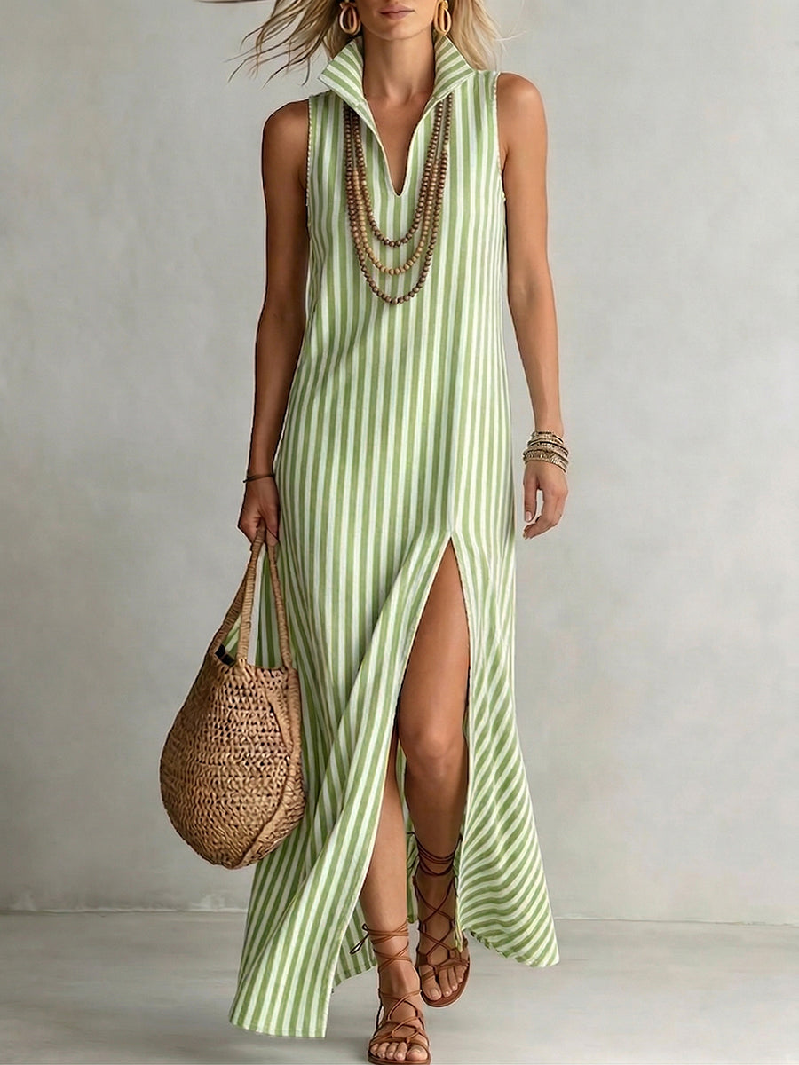 Stylish Classic Striped Stand-Collar Cotton-Linen Maxi Dress