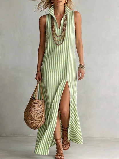 Stylish Classic Striped Stand-Collar Cotton-Linen Maxi Dress