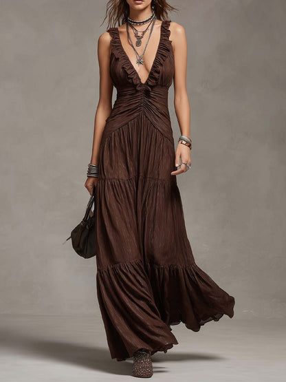 Bohemian Ruffle Ruched Tiered Lurex Knit Maxi Dress