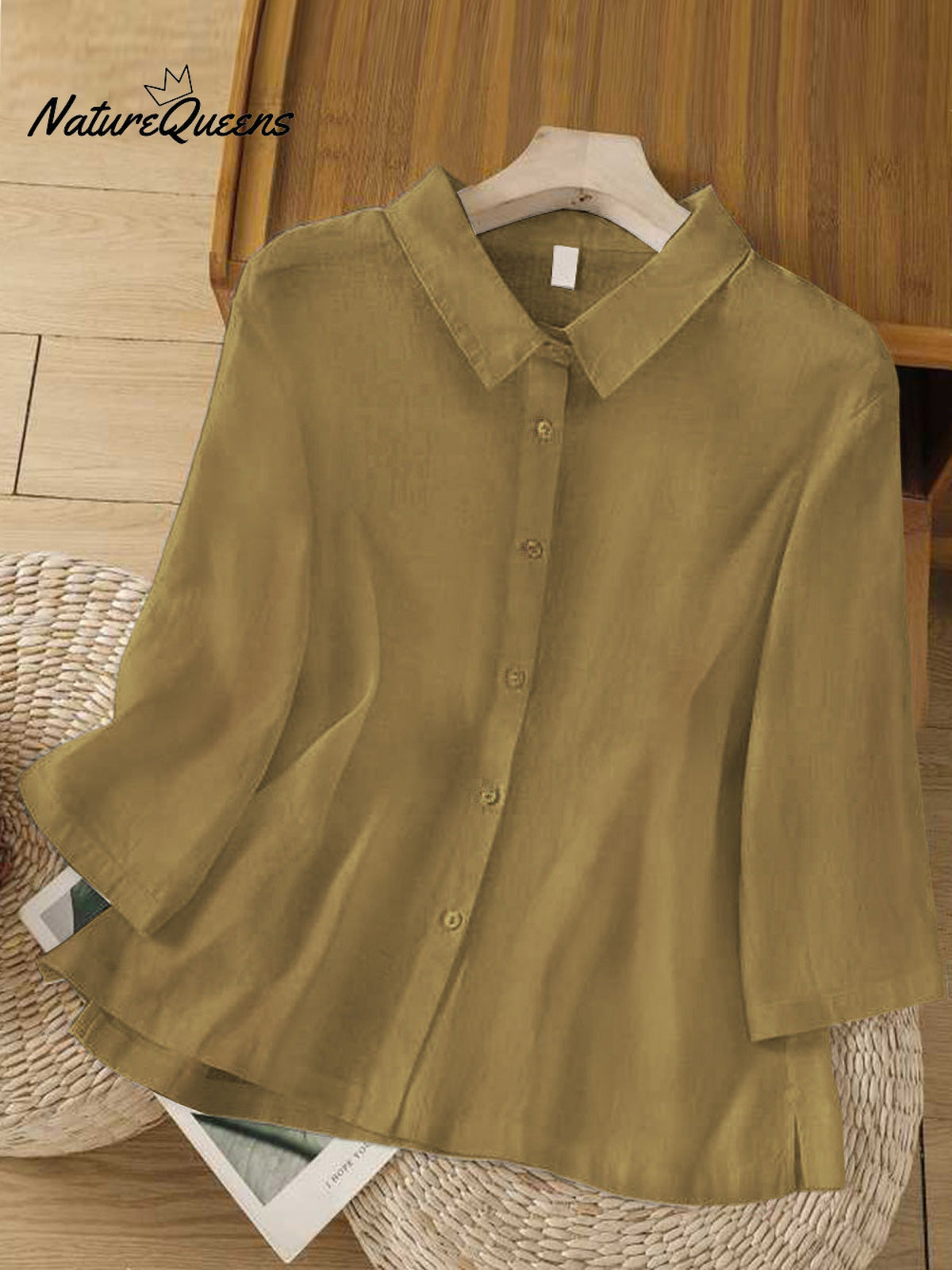 Solid Color Lapel 3/4 Sleeves Casual Linen Shirt