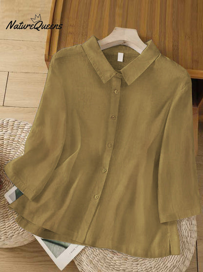 Solid Color Lapel 3/4 Sleeves Casual Linen Shirt