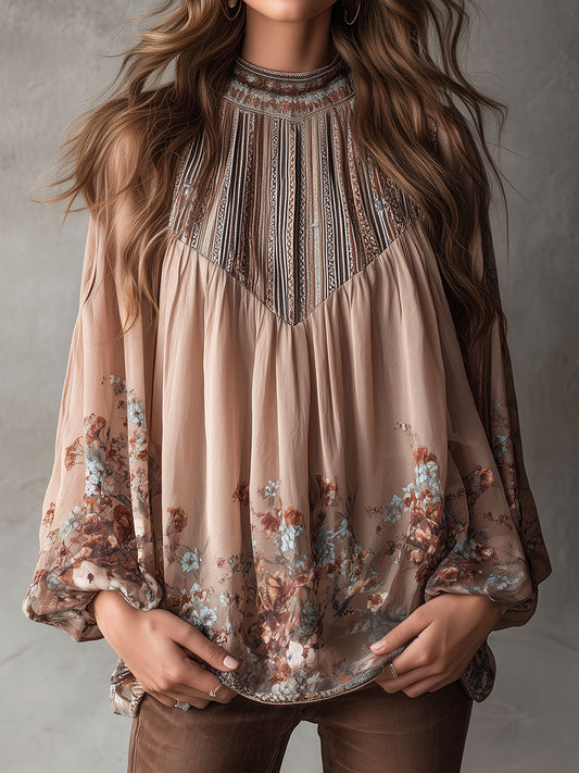 Boho Print High-Neck Sheer Floral Chiffon Blouse with Flowing Sleeves