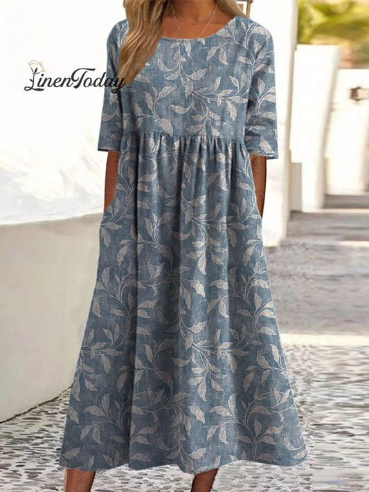 Spring Vines Pattern Printed Pocket Cotton Dress