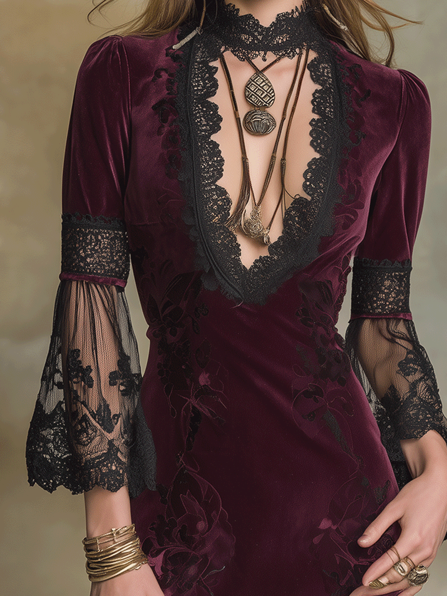 Elegant Burgundy Velvet Lace-Trim Mini Dress