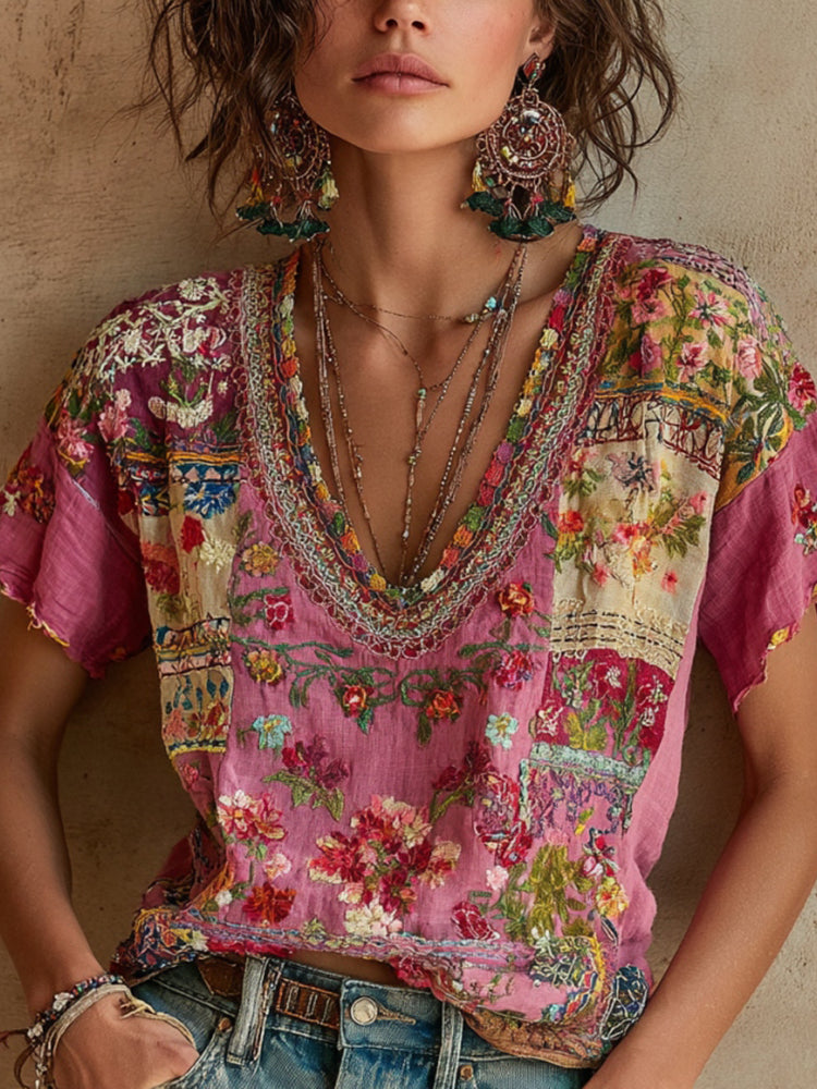 Bohemian Floral Embroidery Art V-Neck Linen Blend T-Shirt