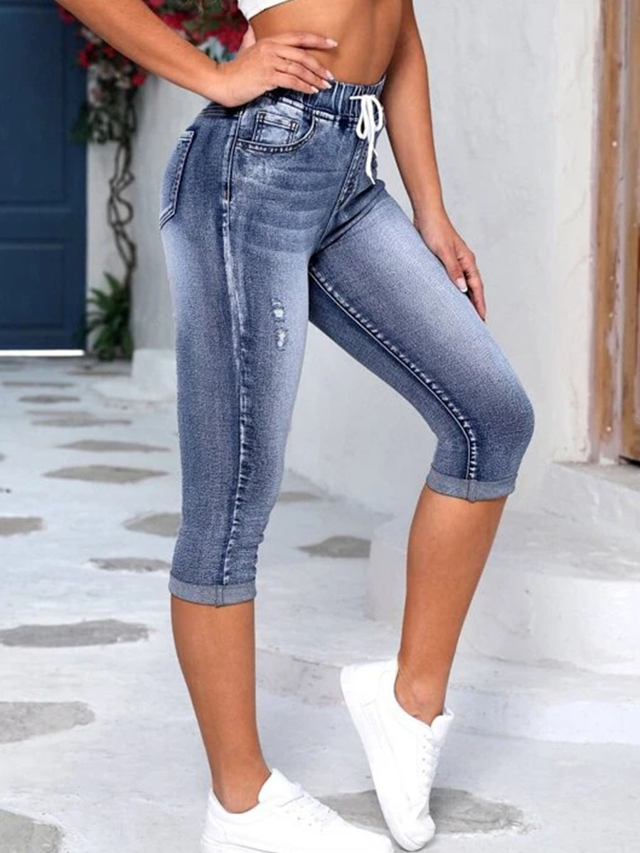 High-Stretch Drawstring High-Waisted Ripped Skinny Jeans