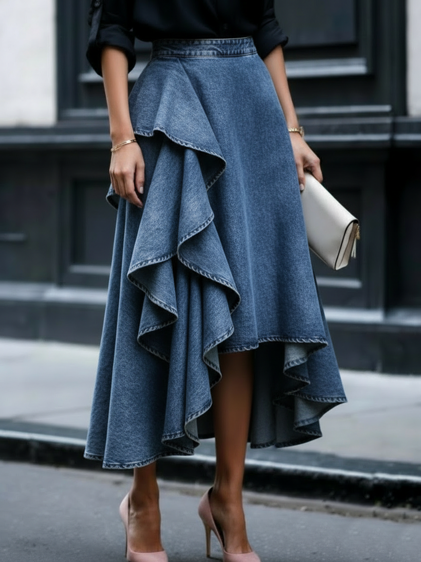 Ruffled Denim Skirt with Elegant Tiered Casual Style