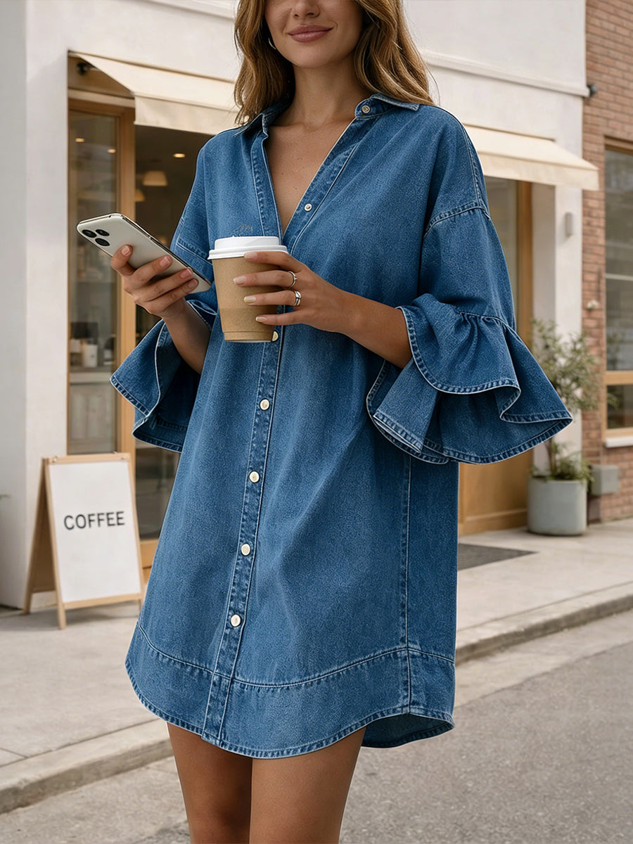 Casual Shirt-Style Mini Denim Dress