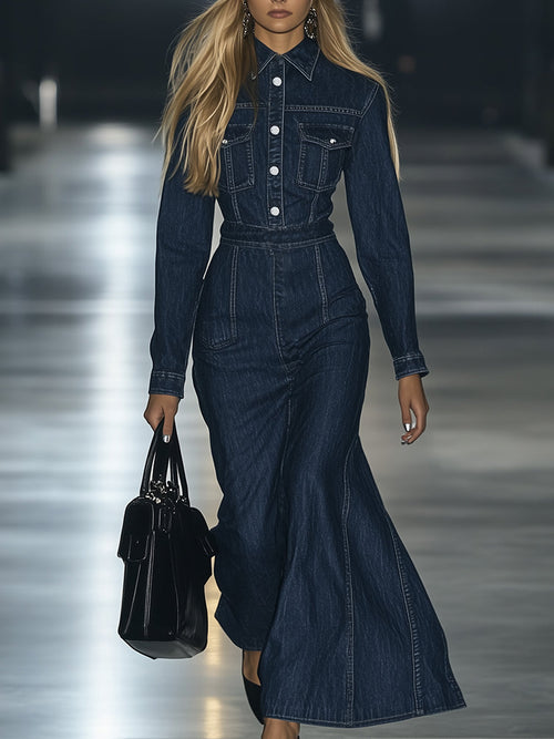 [24-Hour Shipping Out]casual Slim Fit Vintage Lace-Up Long-Sleeve Denim Maxi Dress