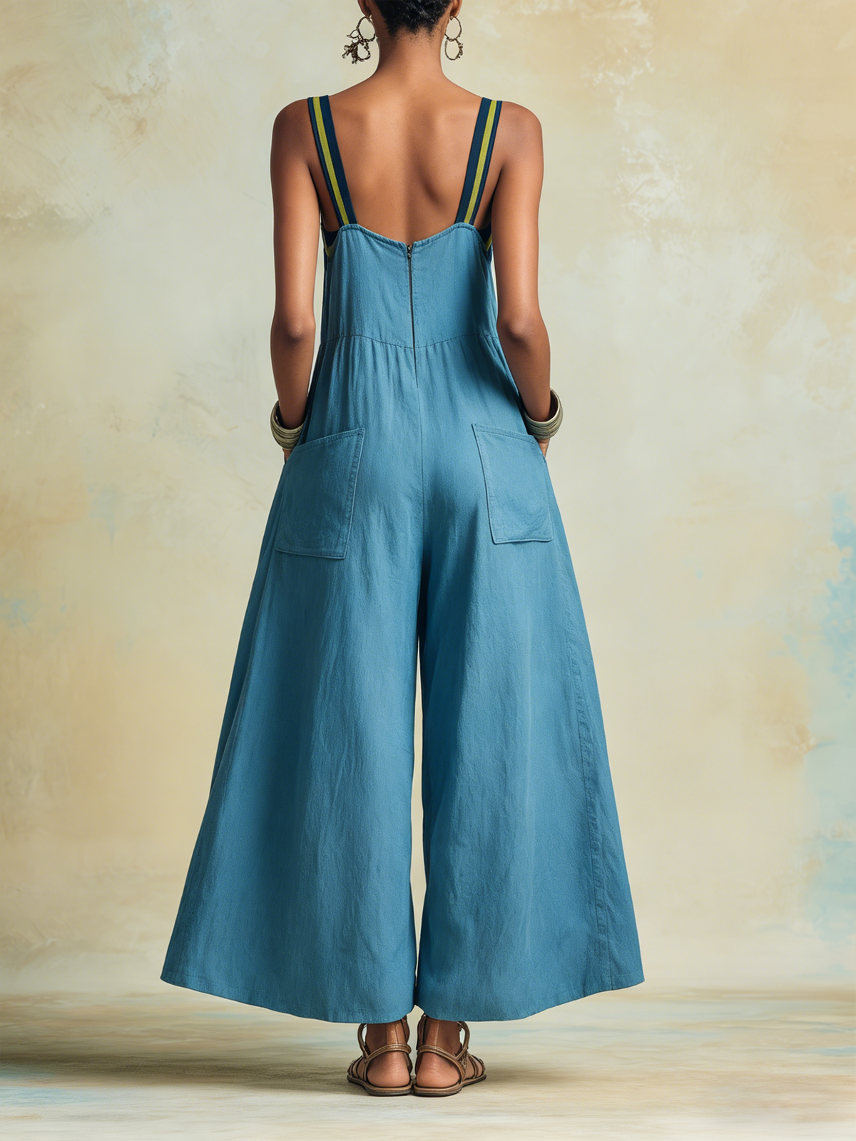 Airy Wide-Leg Tencel Jumpsuit with Bold Colorblock Trim