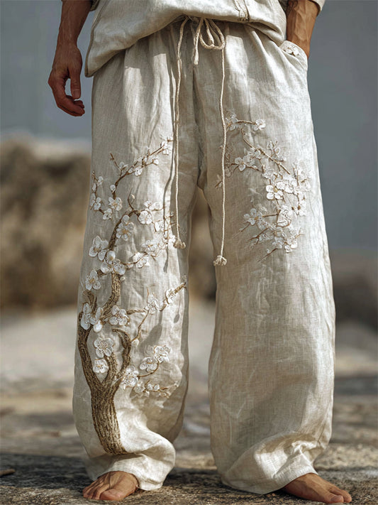Men's White Almond Blossom Embroidered Flowy Wide-Leg Linen Pants