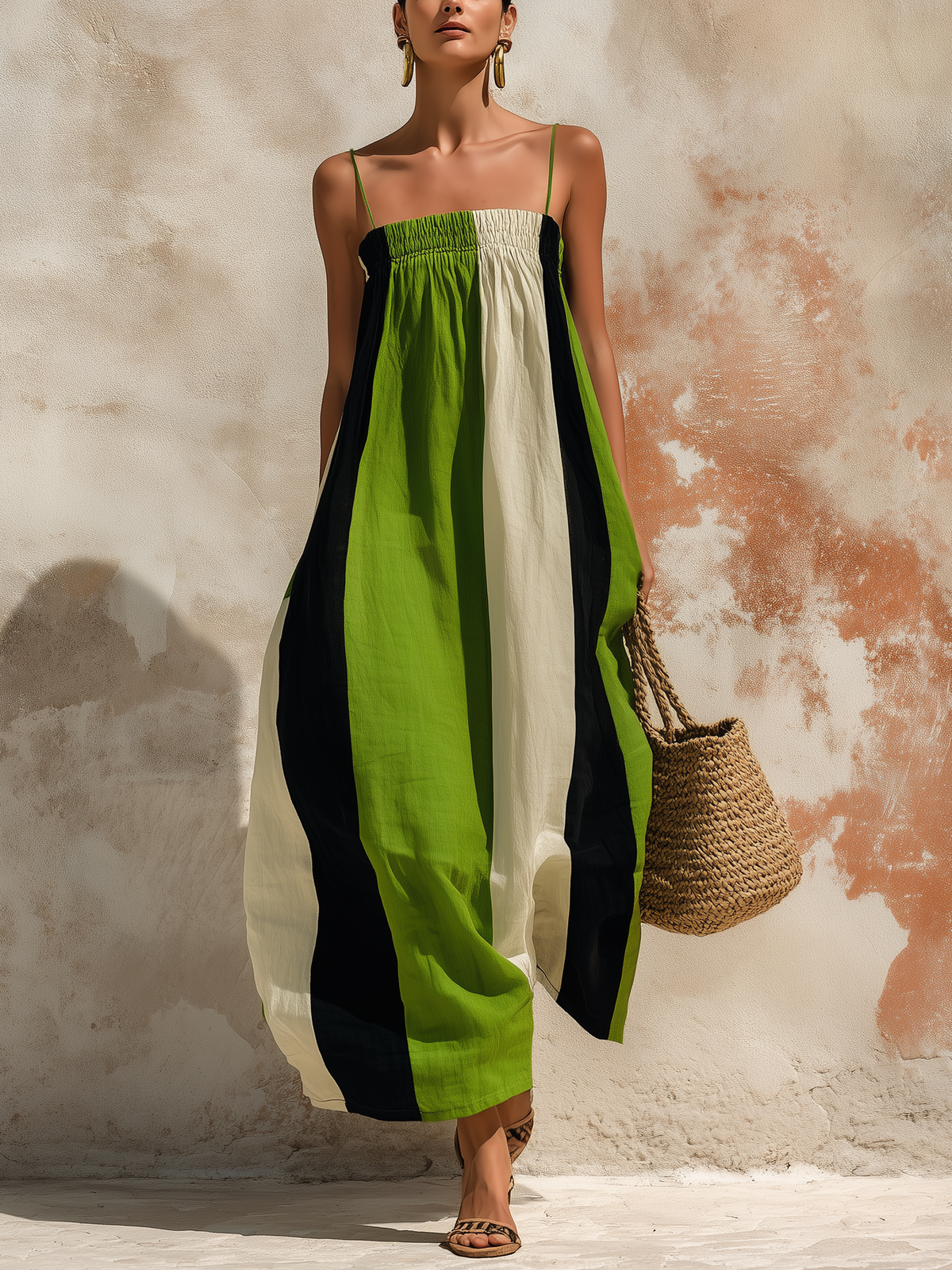 Colorblock Linen-Blend Strapless Maxi Dress