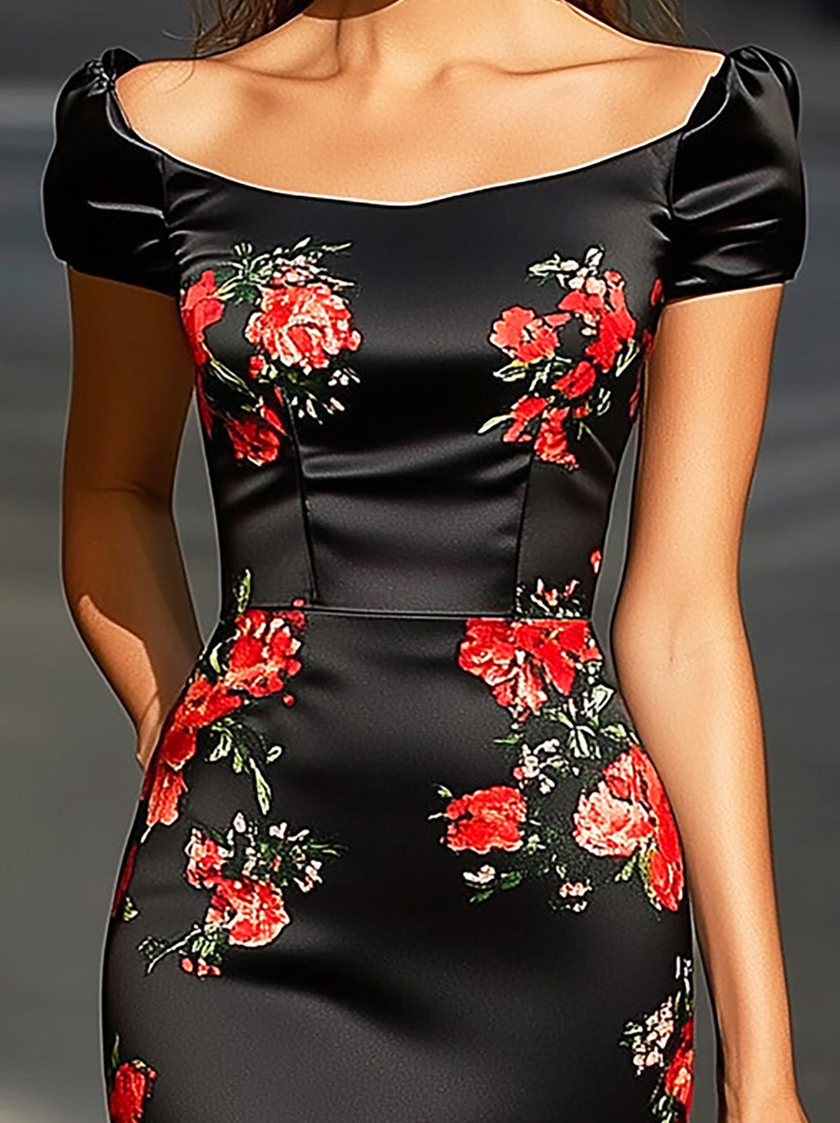 Black Satin Dress with Red Floral Accents