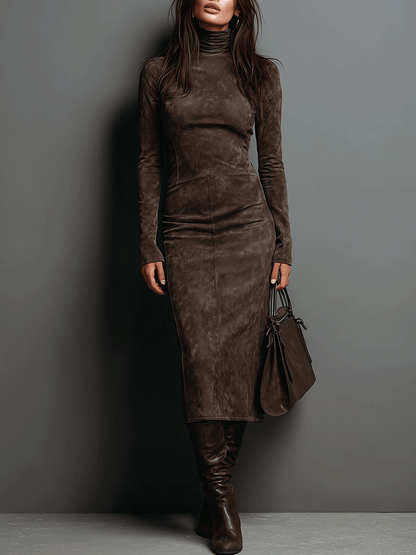High Neck Long-Sleeve Suede Midi Dress