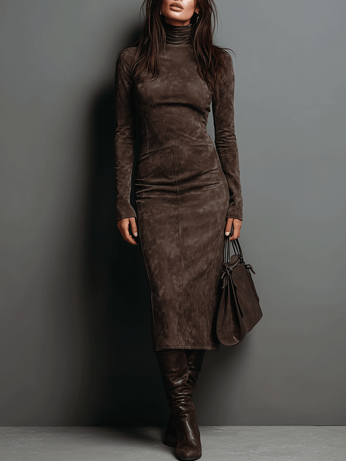 High Neck Long-Sleeve Suede Midi Dress