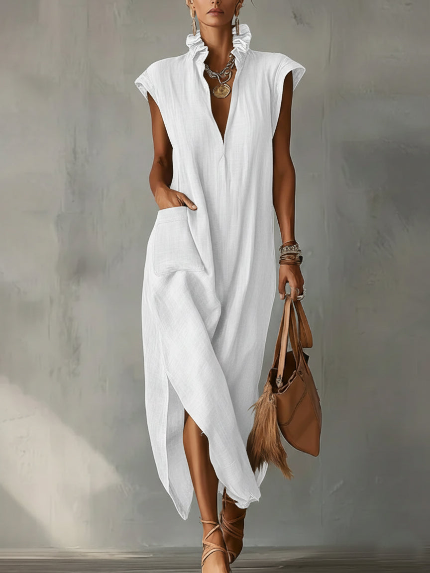 Ruffle Collar Cotton Linen Midi Dress with Elegant Summer Dress