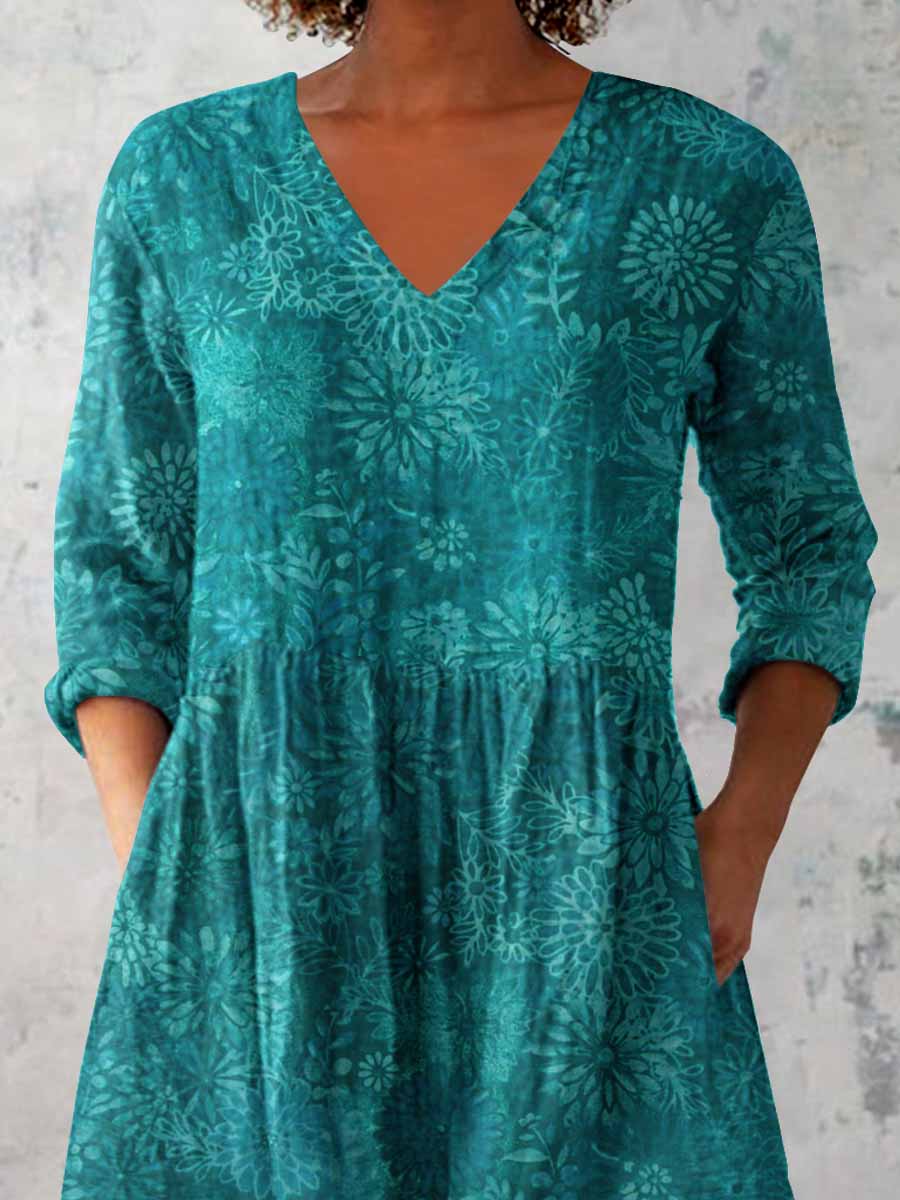Elegant Floral Print V-Neck Cotton and Linen Top