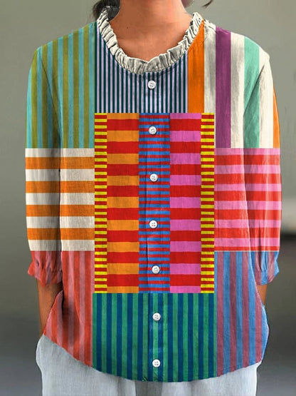 Colorful Patchwork Striped Cotton Linen 3/4-Sleeve Shirt