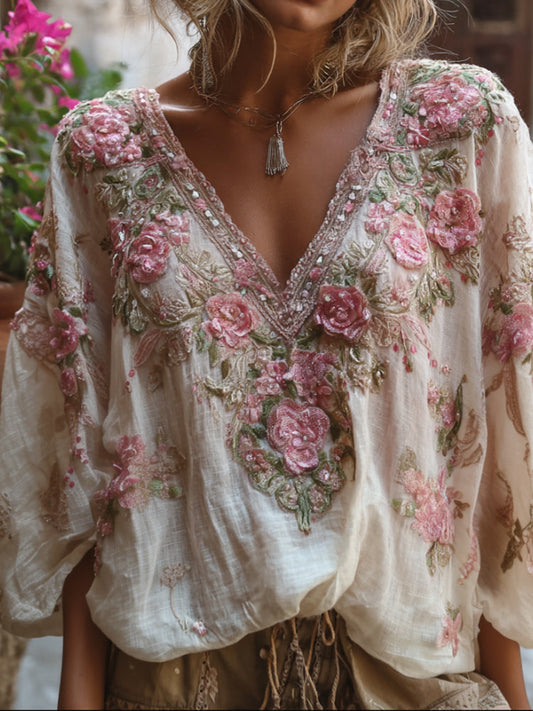 Bohemian Three-Dimensional Pink Floral Sequin V-Neck Long-Sleeved Top