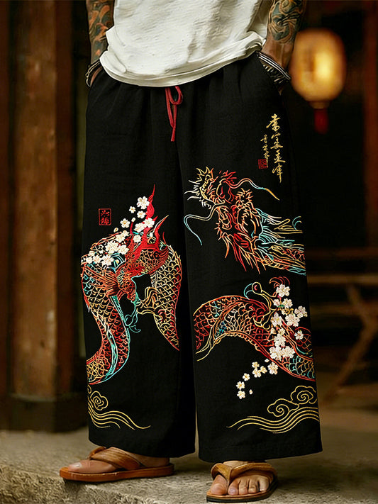 Men's Japanese Dragon and Cherry Blossoms Art Wide-Leg Linen Pants