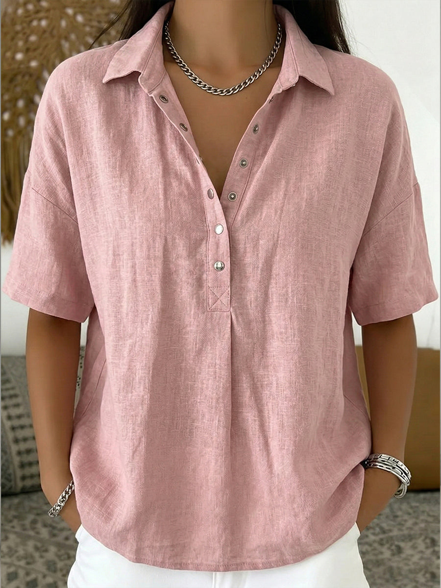 Cotton Linen Polo Shirt with Casual Short-Sleeve Summer Top