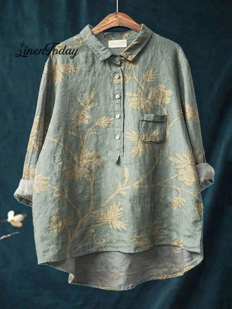 Retro Floral Art Print Casual Cotton and Linen Shirt