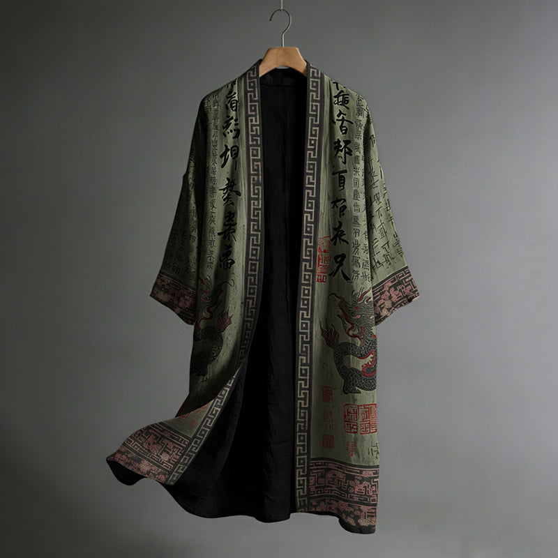 Men's Japanese Dragon Pattern Calligraphy and Painting Art Linen Long Kimono