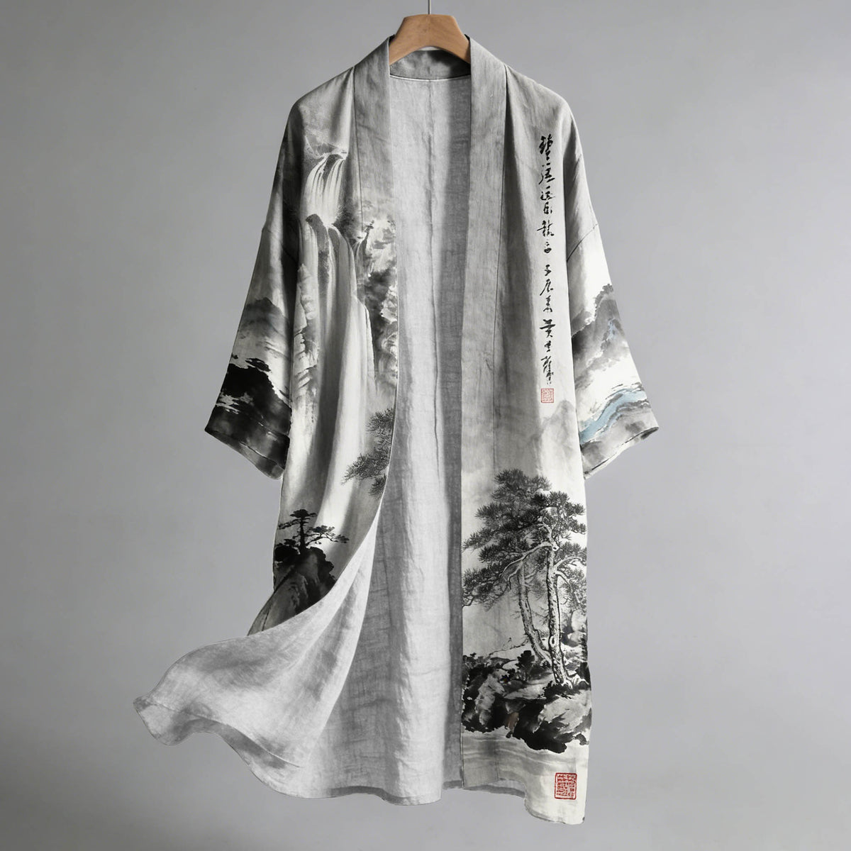 Men's Retro Landscape Painting Art Linen Long Kimono