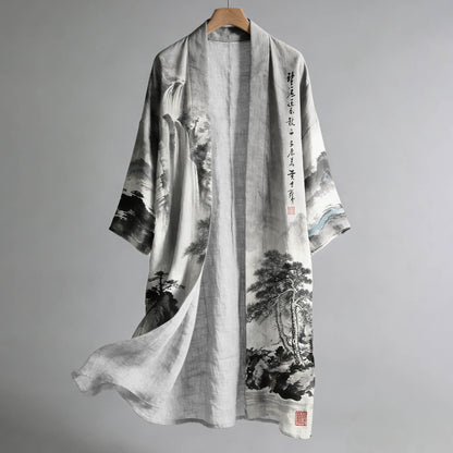 Men's Retro Landscape Painting Art Linen Long Kimono