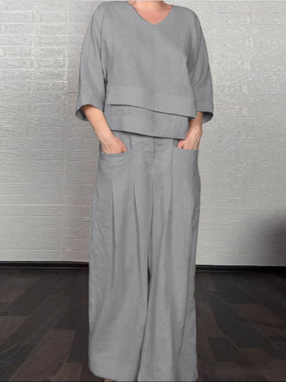 Casual Solid Color Irregular Cotton and Linen Shirt and Pats Suit