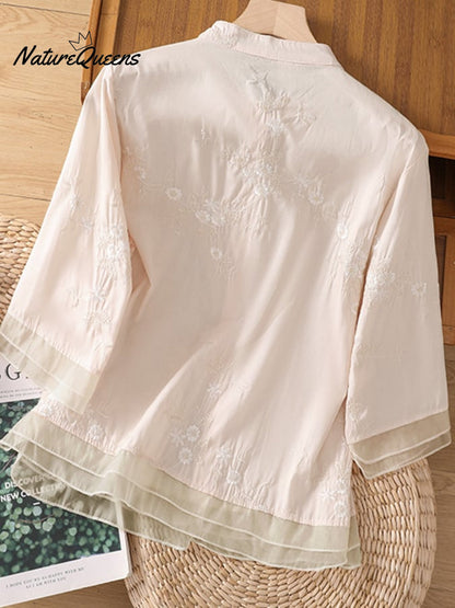 Art Retro Embroidery 3/4-Sleeve Patchwork Shirt