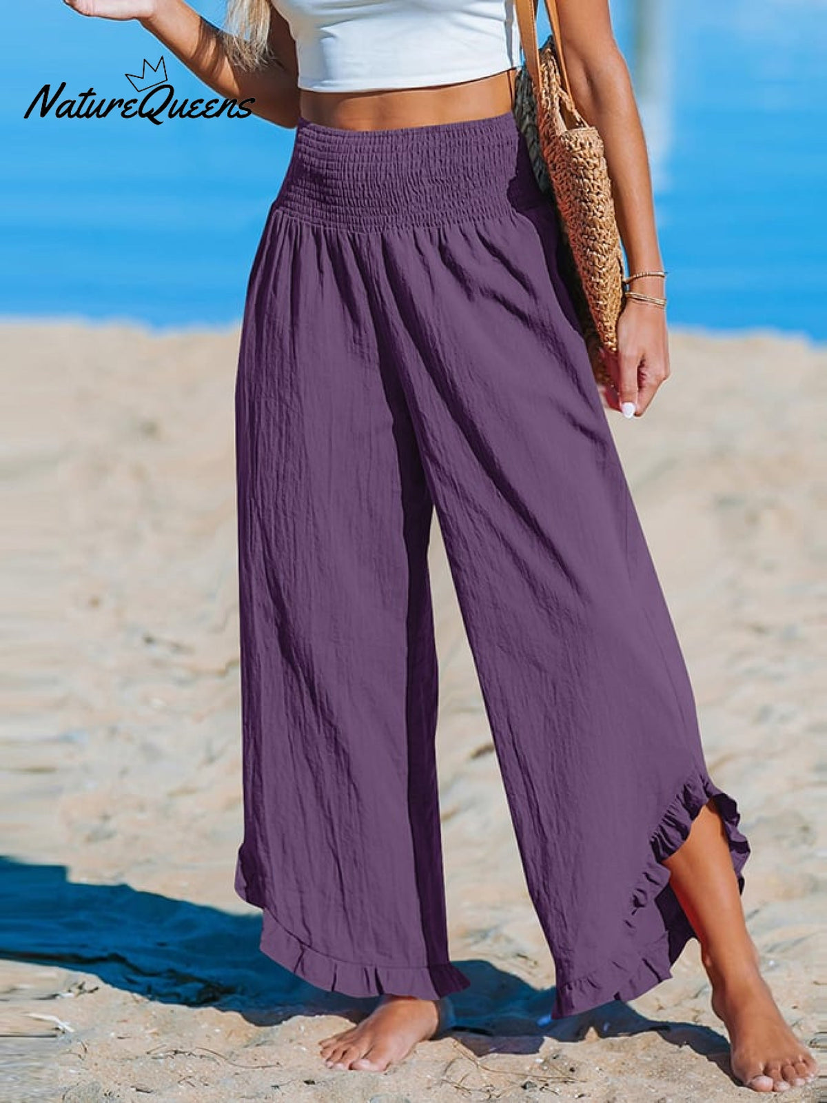 High-Waist Pleated Irregular Hem Cotton and Linen Loose Casual Pants