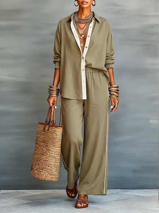 Casual Linen and Cotton Shirt and Wide-Leg Pants Two-Piece Set