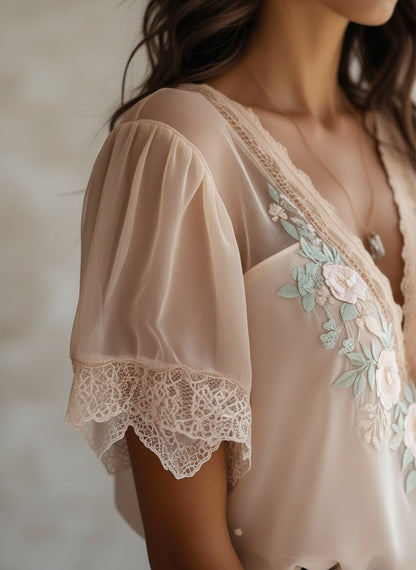 Elegant Floral Embroidered Sheer Lace Blouse with V-Neck Puff Sleeve Top