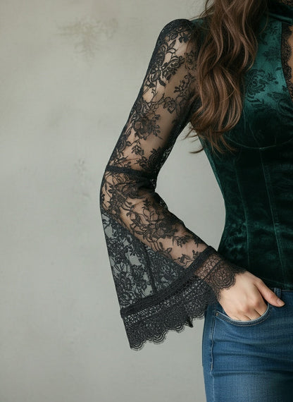 Emerald Victorian Lace and Velvet Blouse