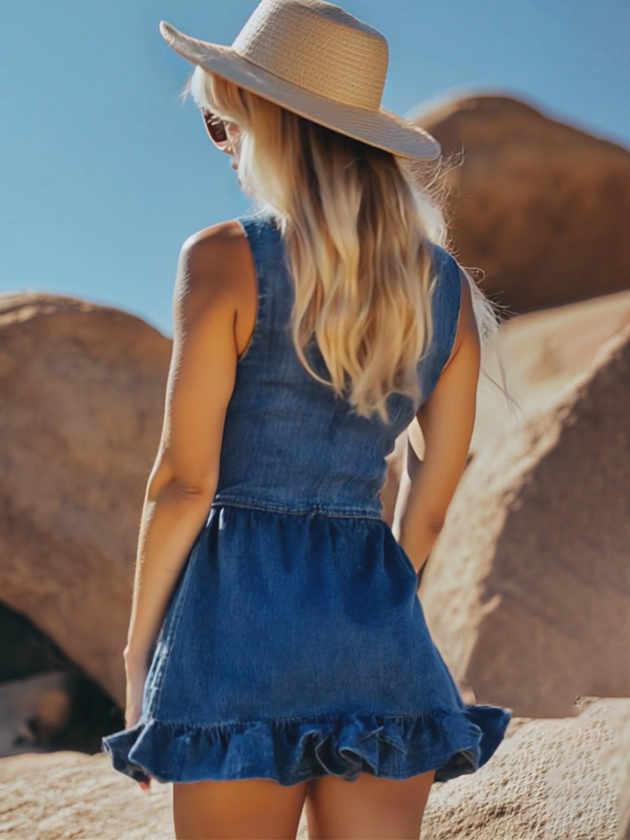 [24-Hour Shipping Out]fashionable Denim Ruffle Sleeveless Button Mini Dress
