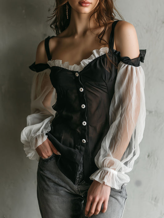 Retro Black Off-Shoulder White Organza Sleeves Blouse White Buttons