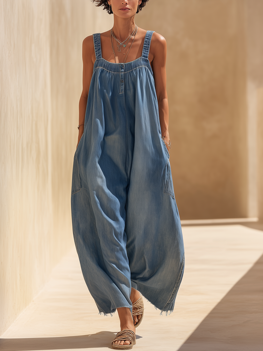 Oversized Lightweight Denim Jumpsuit with Sleeveless Wide-Leg Romper with Frayed Hem