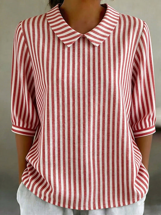 Retro Peter Pan Collar Striped Cotton-Linen Shirt