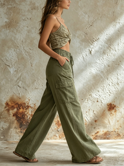 Olive Green High-Waist Wide-Leg Cargo Pants with Drawstring Waist