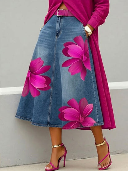 Casual Artistic Floral-Print A-Line Denim Skirt