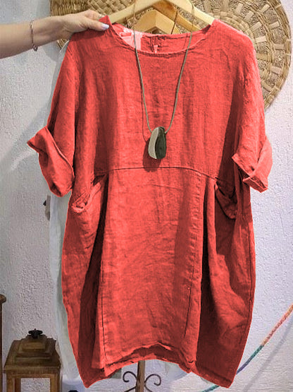 Linen and Cotton Round-Neck Dress