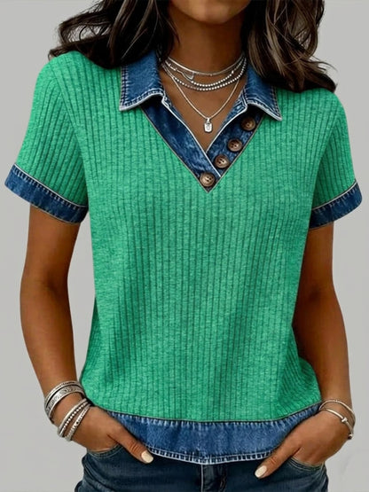 Casual Patchwork Denim Short-Sleeved Knit Top