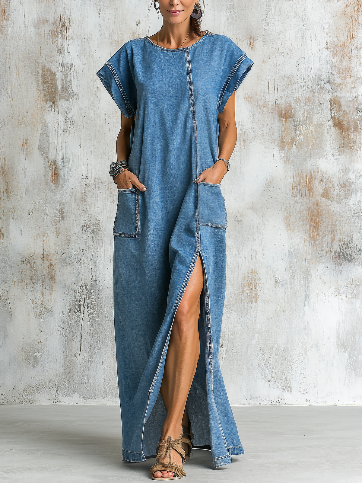 Loose Fit Blue Denim Maxi Dress with Contrast Stitching